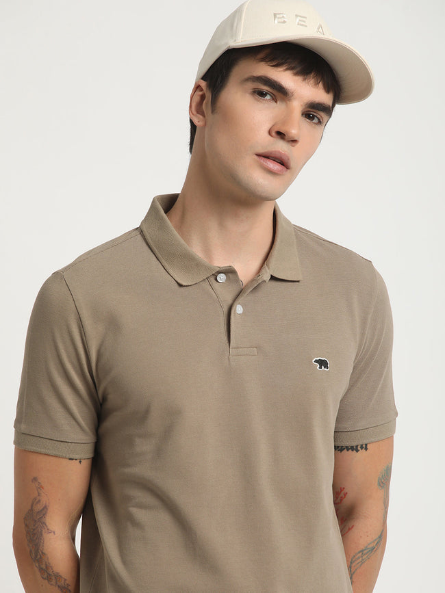 Men Beige Solid Slim Fit Pure Cotton Polo Collar T-shirt