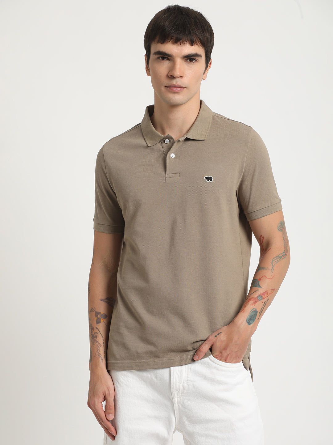 Men Beige Solid Slim Fit Pure Cotton Polo Collar T-shirt