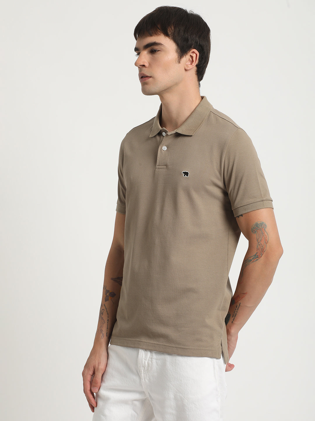 Men Beige Solid Slim Fit Pure Cotton Polo Collar T-shirt