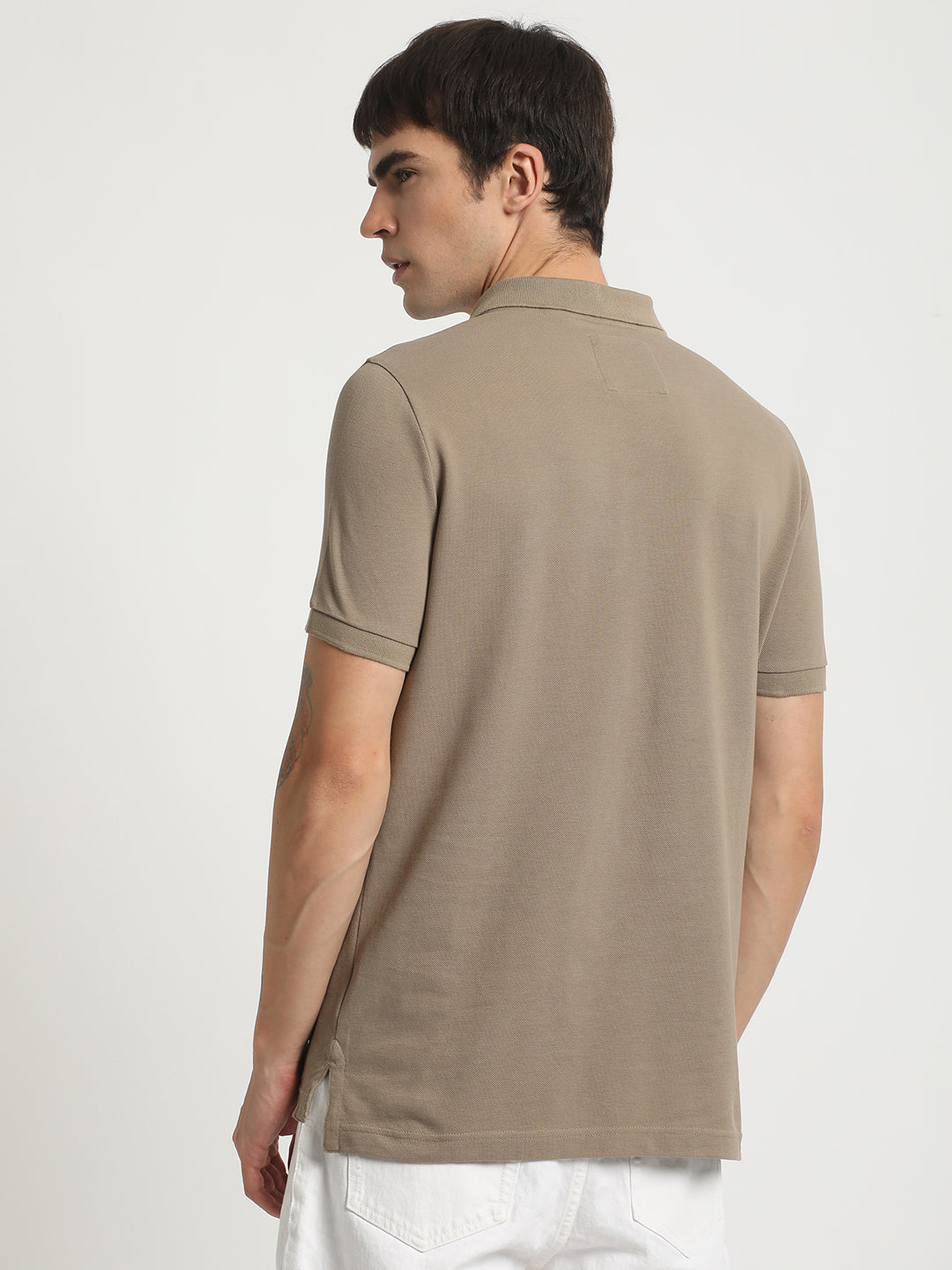 Men Beige Solid Slim Fit Pure Cotton Polo Collar T-shirt