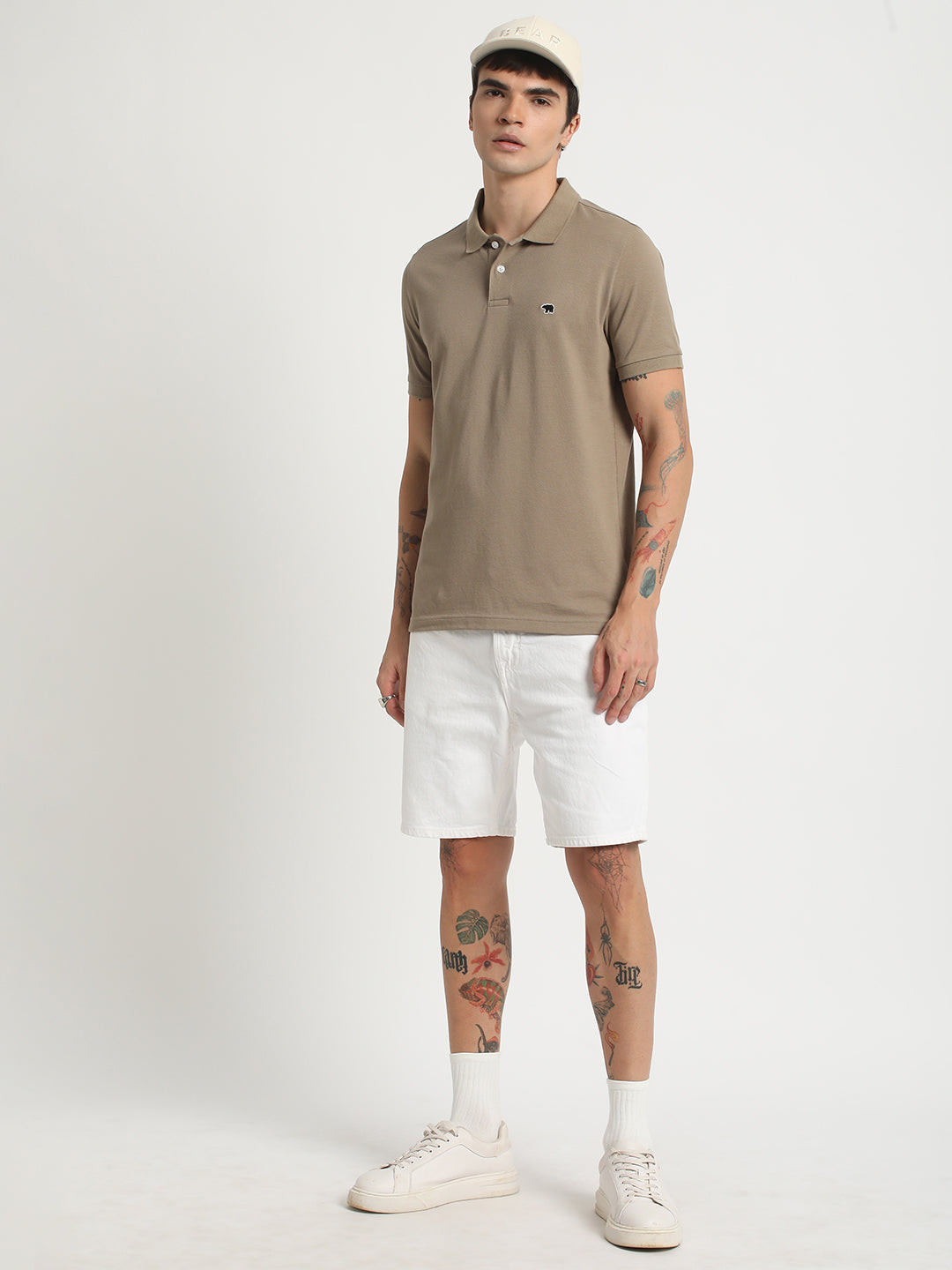 Men Beige Solid Slim Fit Pure Cotton Polo Collar T-shirt