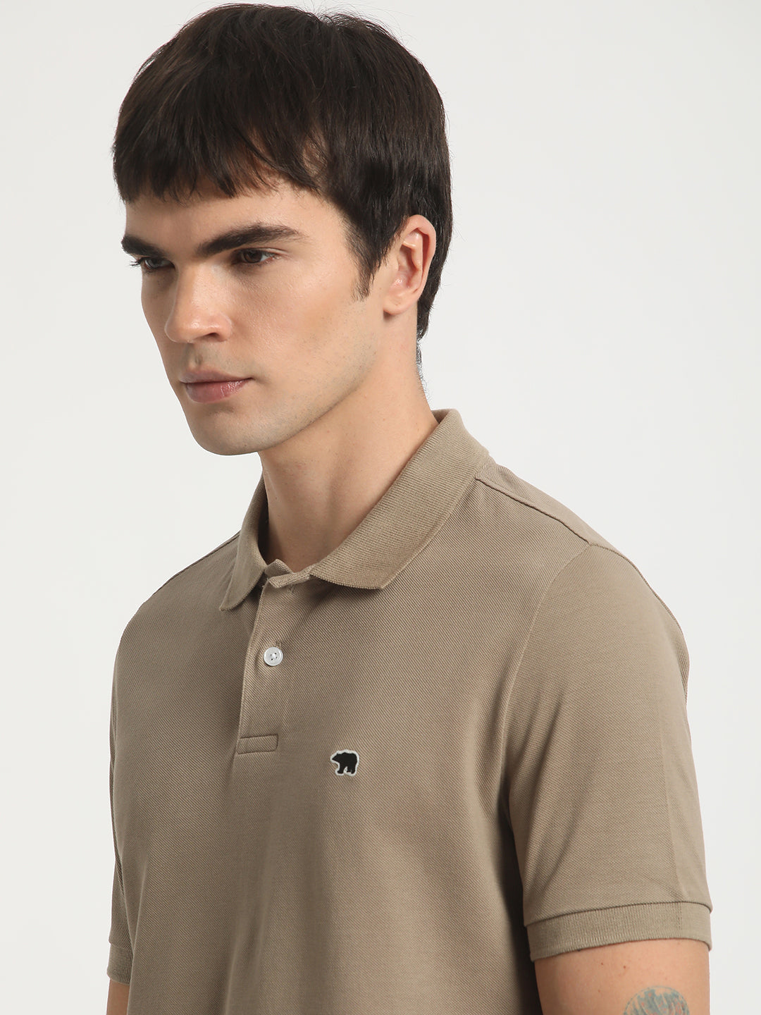 Men Beige Solid Slim Fit Pure Cotton Polo Collar T-shirt