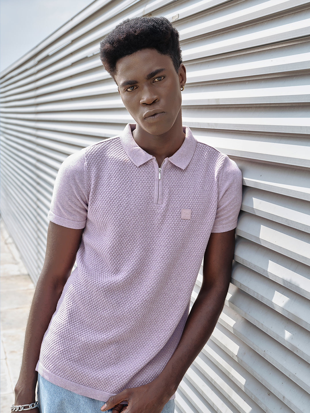 Men Ardor Edition Lavender Self Design Polo Collar Slim Fit T-shirt