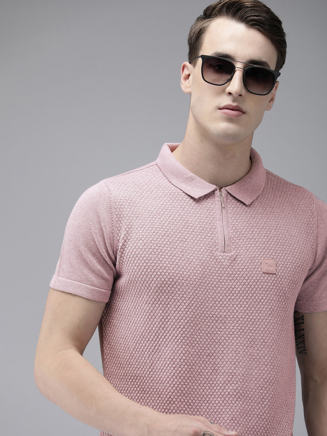 Men Ardor Edition Lavender Self Design Polo Collar Slim Fit T-shirt