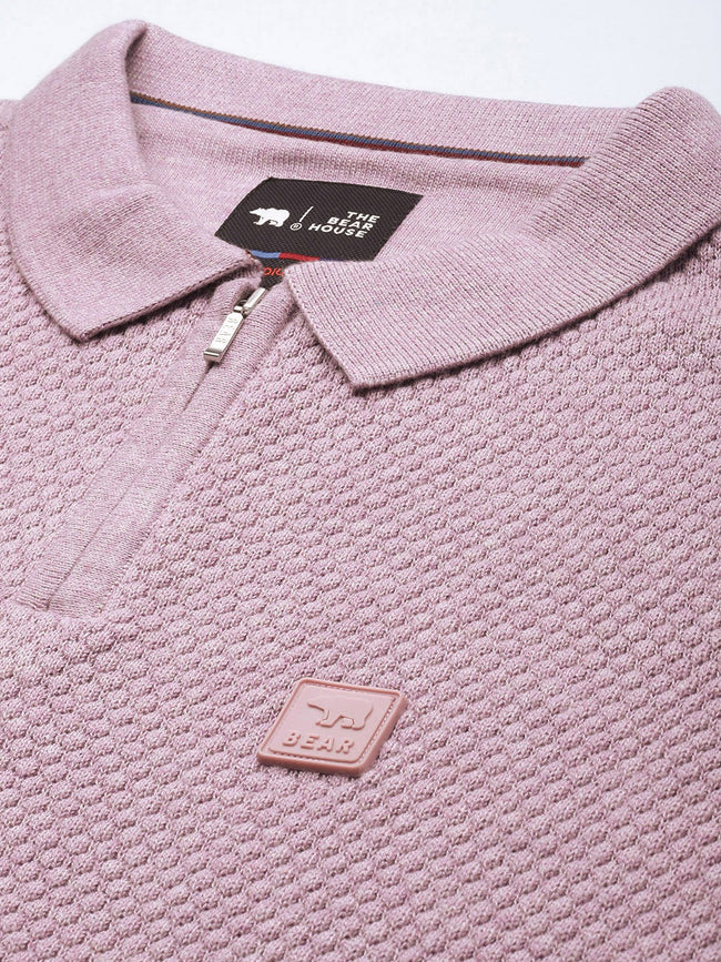 Men Ardor Edition Lavender Self Design Polo Collar Slim Fit T-shirt