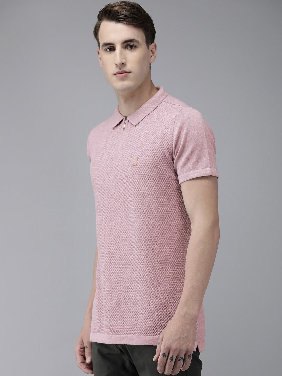 Men Ardor Edition Lavender Self Design Polo Collar Slim Fit T-shirt