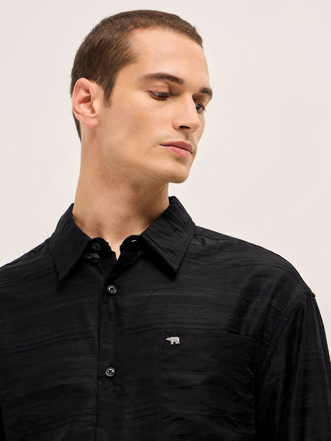 Men Black Crinkled Horizontal Textured Stripe Relaxed Fit Casual Shirt