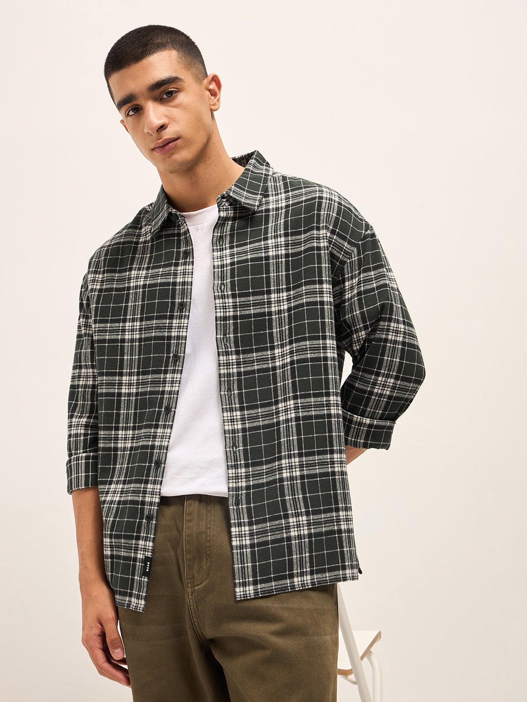 Men OliveWhite Tartan Check Relaxed Fit Shacket