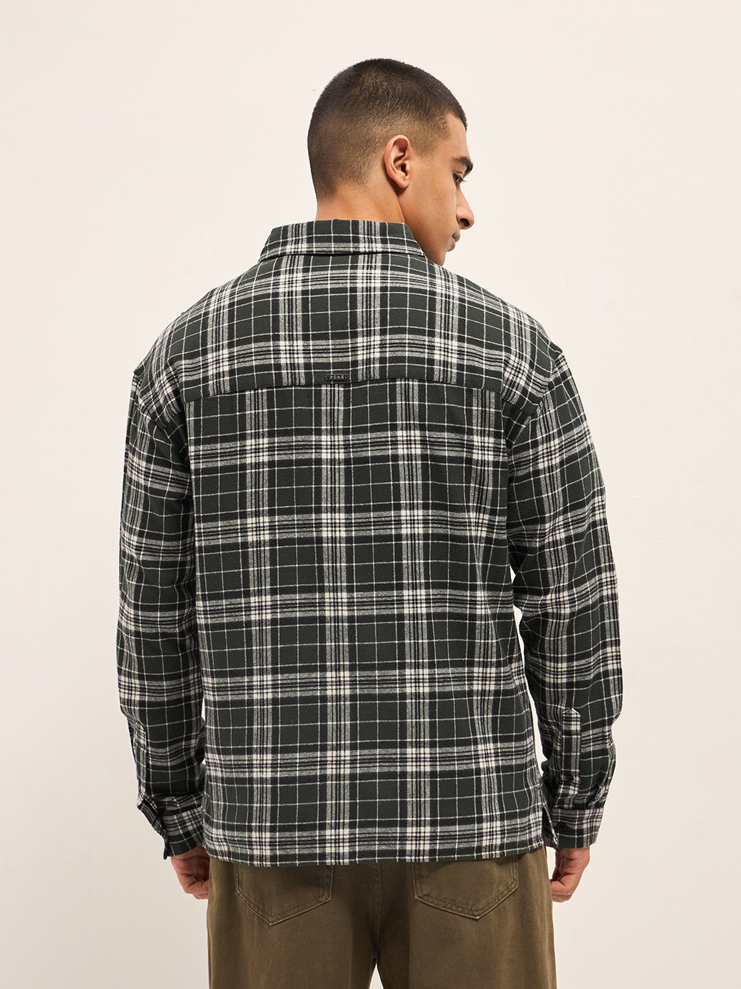 Men OliveWhite Tartan Check Relaxed Fit Shacket