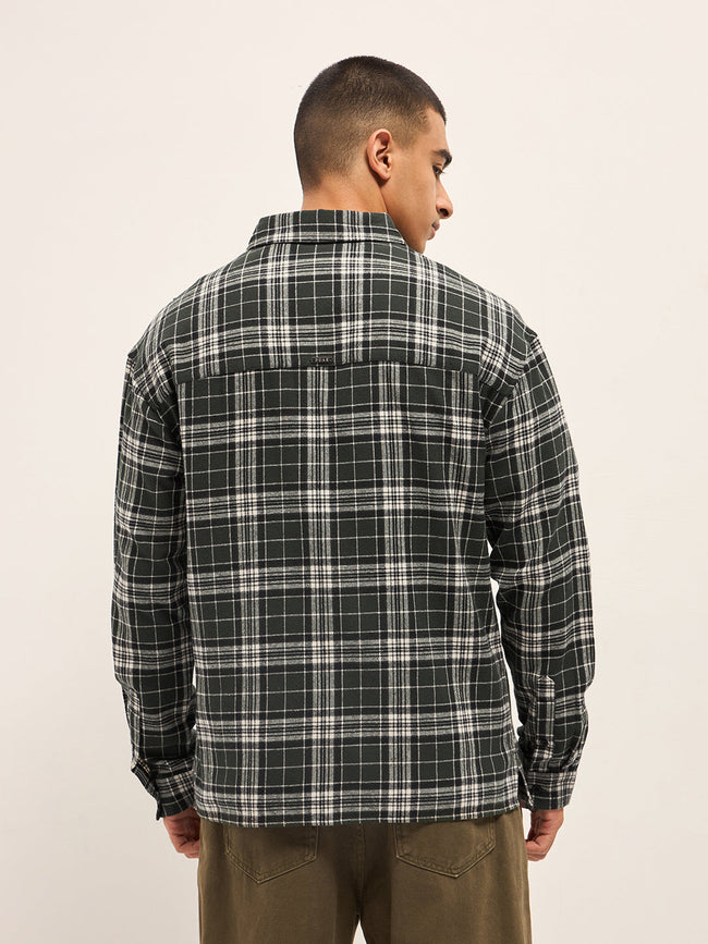Men OliveWhite Tartan Check Relaxed Fit Shacket