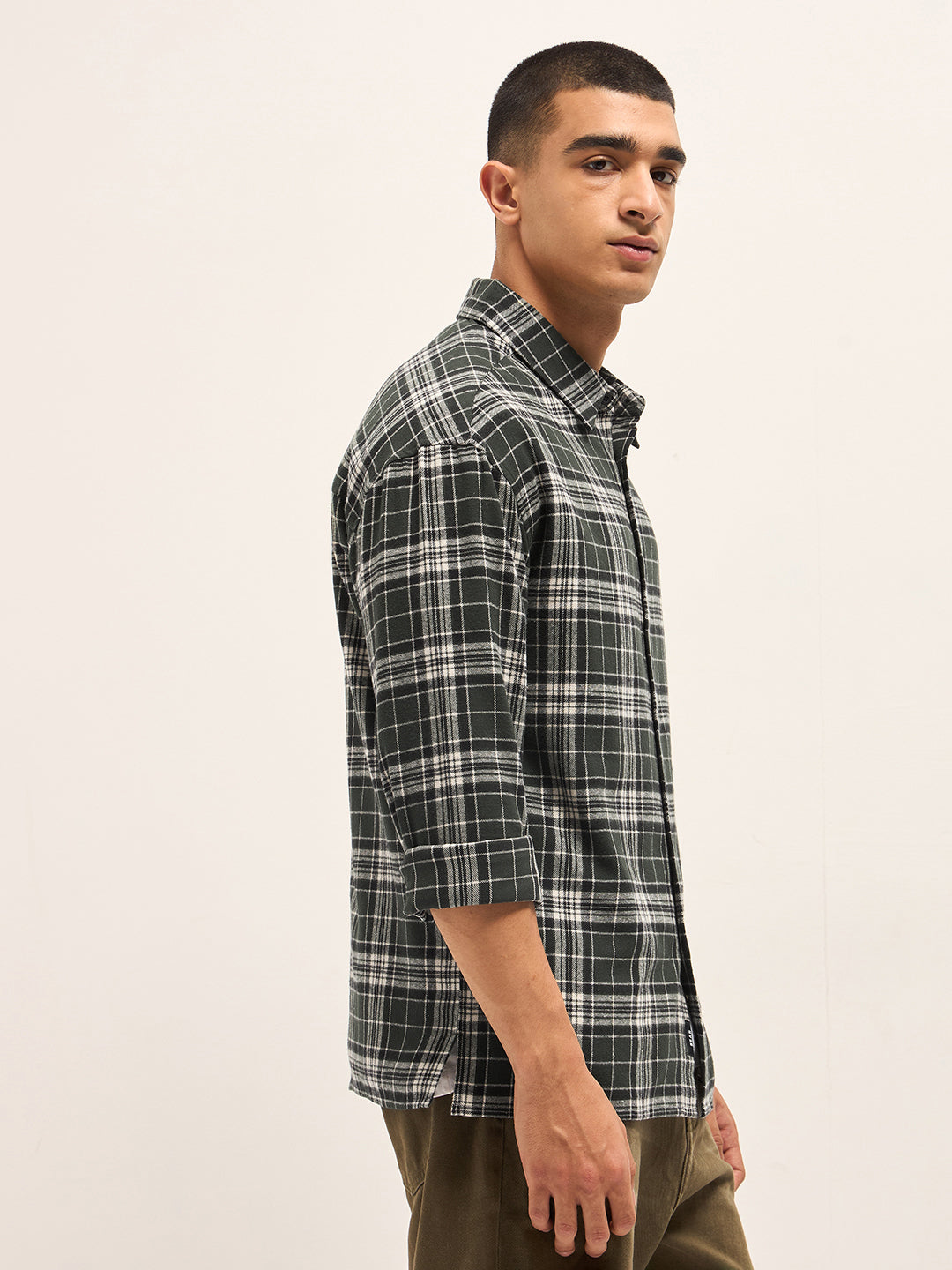 Men OliveWhite Tartan Check Relaxed Fit Shacket