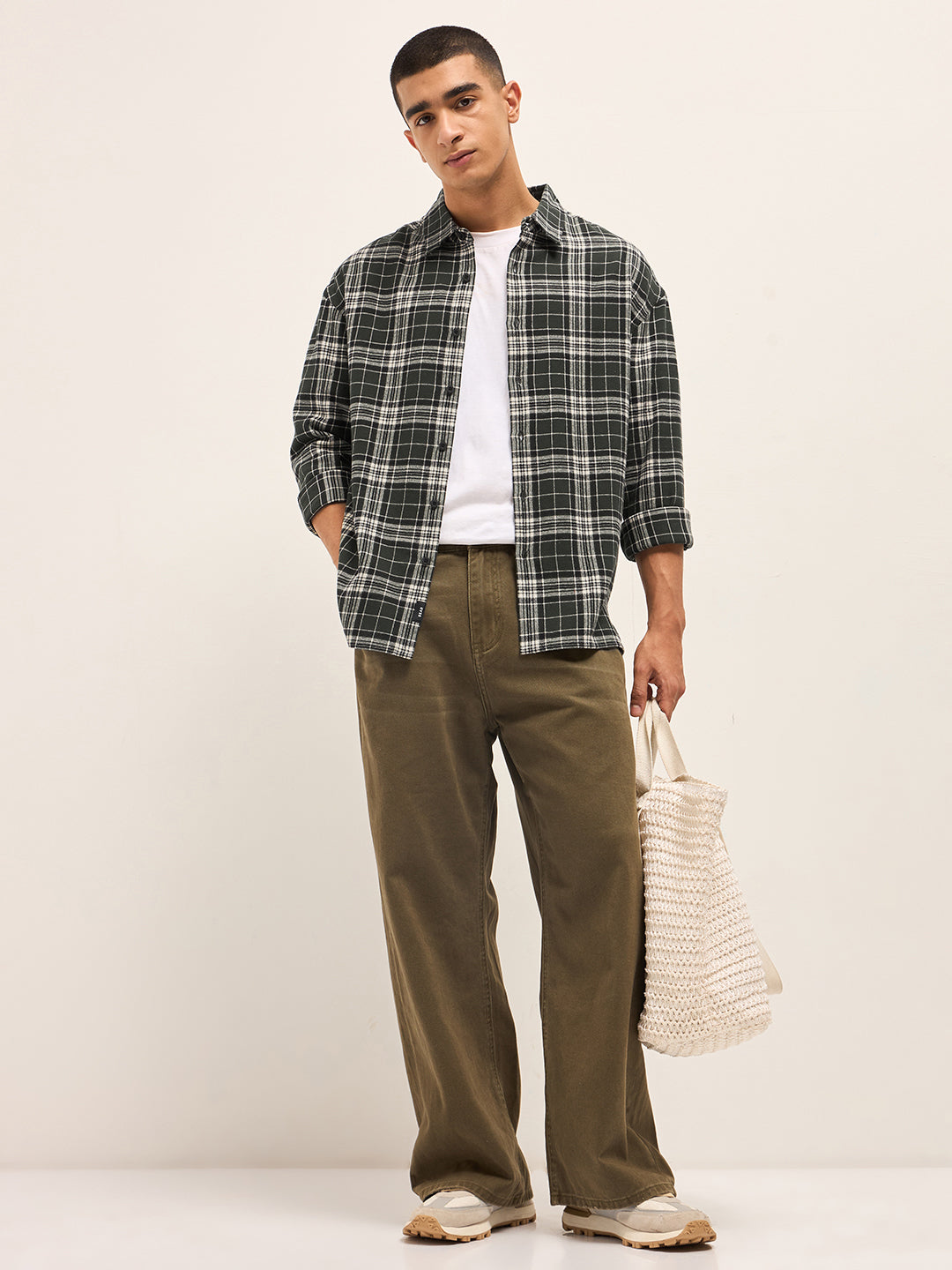 Men OliveWhite Tartan Check Relaxed Fit Shacket