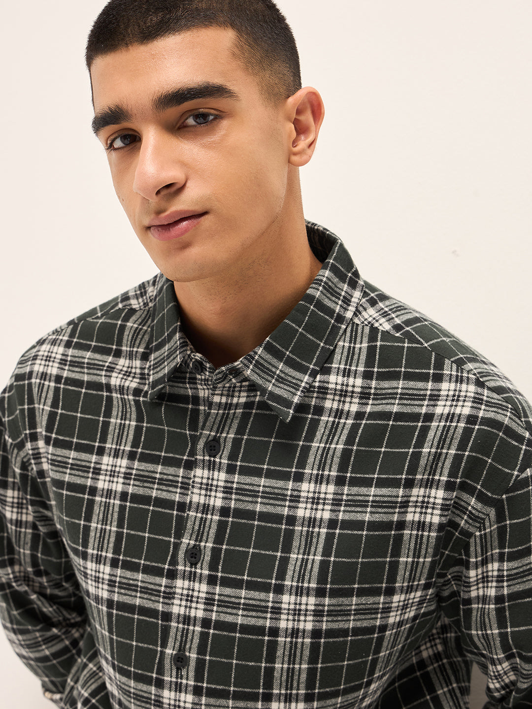 Men OliveWhite Tartan Check Relaxed Fit Shacket