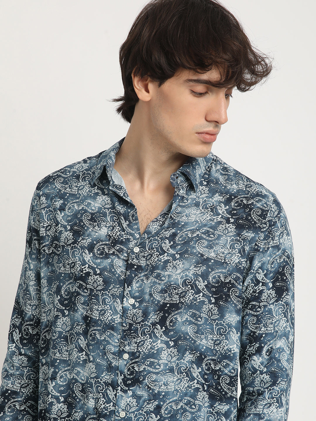Men  Blue Printed Long Sleeve Slim Fit Casual Shirt