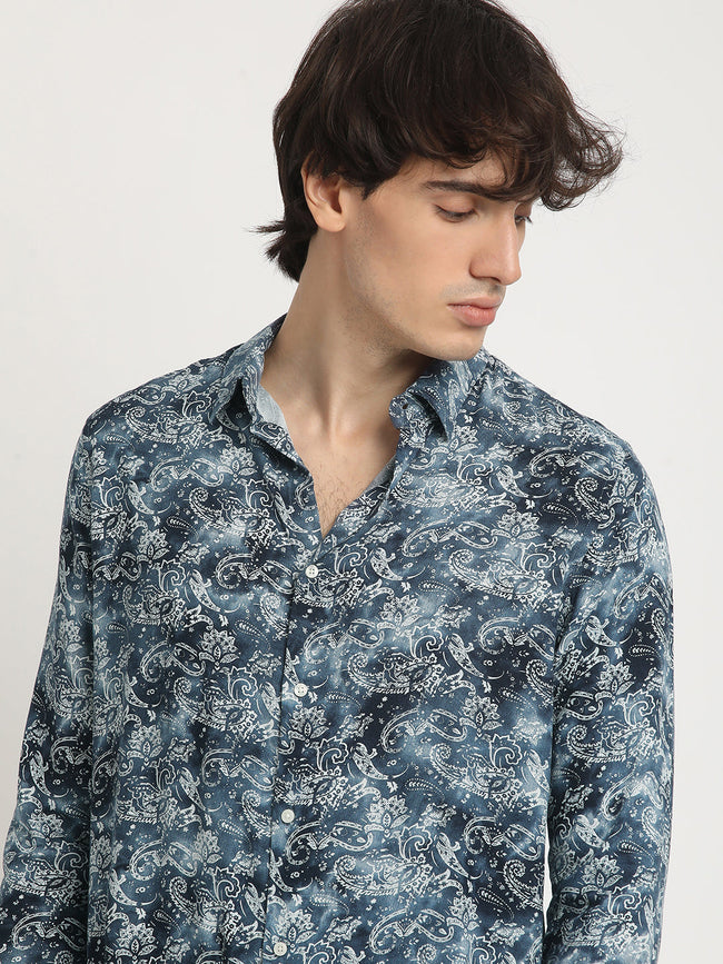 Men  Blue Printed Long Sleeve Slim Fit Casual Shirt