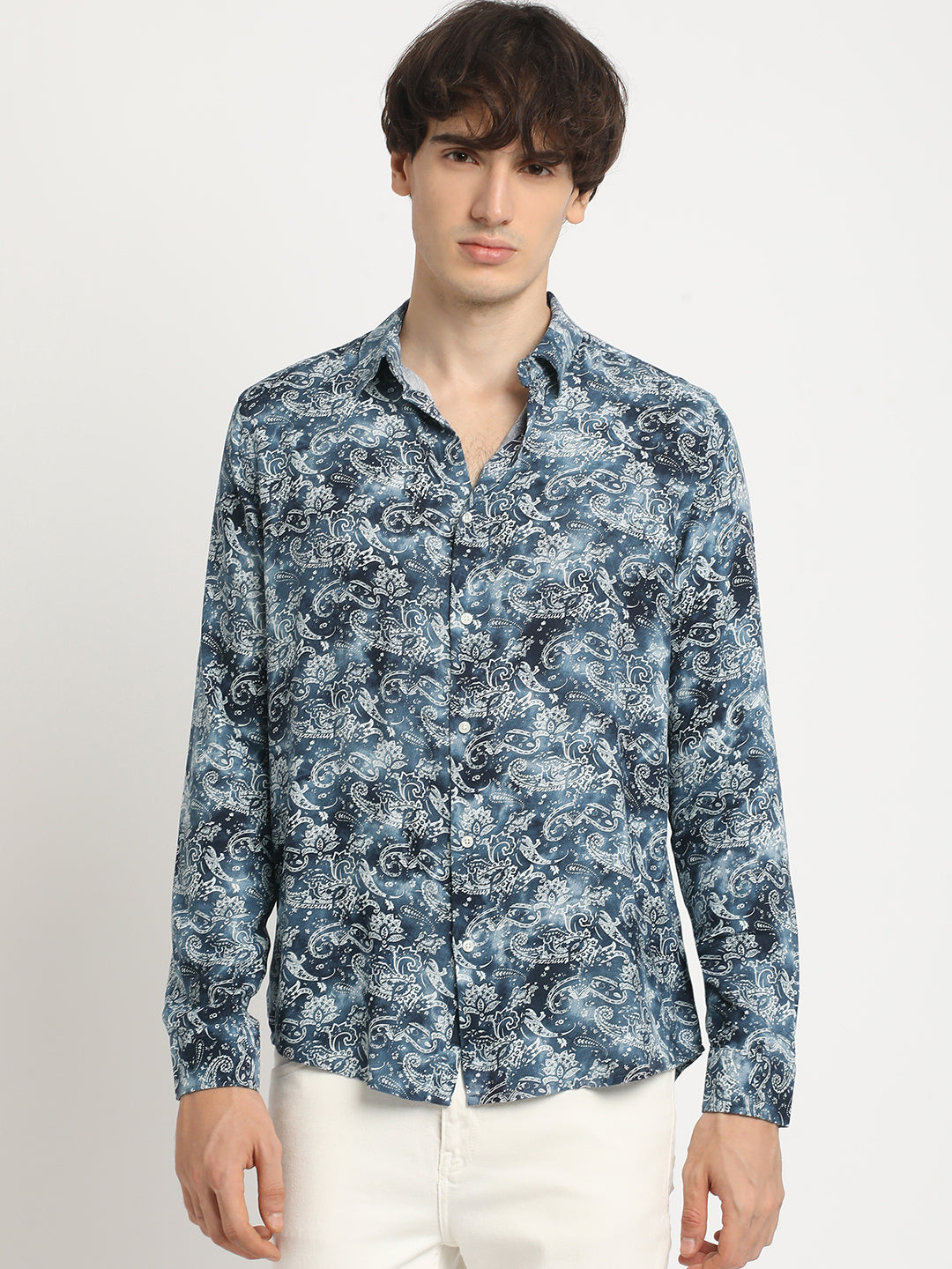 Men  Blue Printed Long Sleeve Slim Fit Casual Shirt