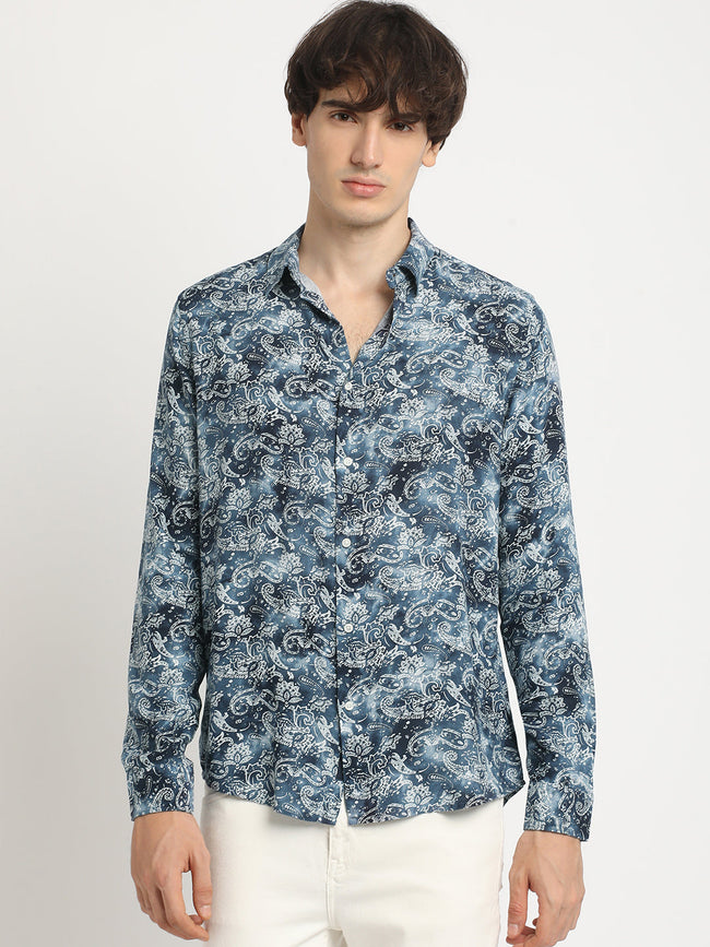 Men  Blue Printed Long Sleeve Slim Fit Casual Shirt