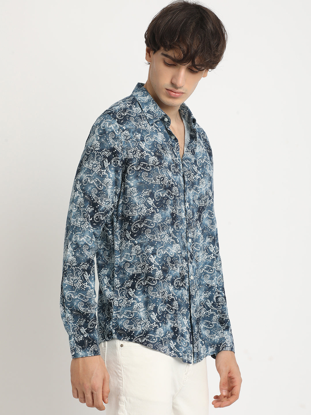 Men  Blue Printed Long Sleeve Slim Fit Casual Shirt