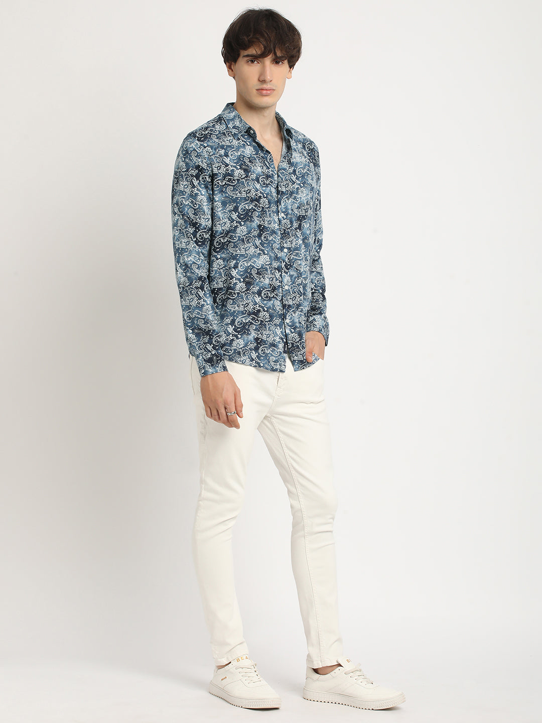 Men  Blue Printed Long Sleeve Slim Fit Casual Shirt