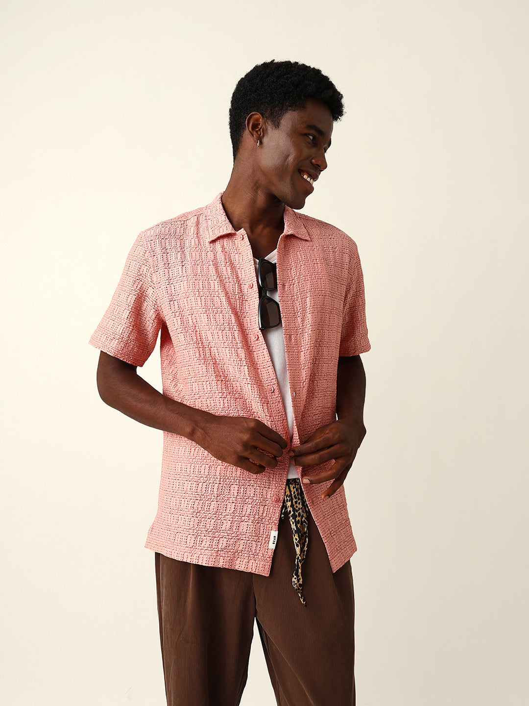 Men Pink Nylon Textured Shirt