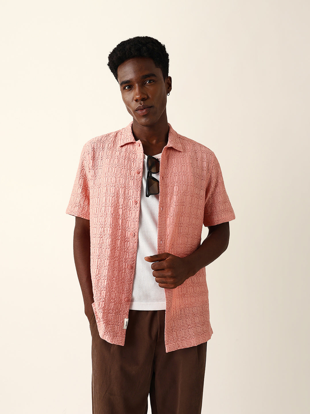 Men Pink Nylon Textured Shirt