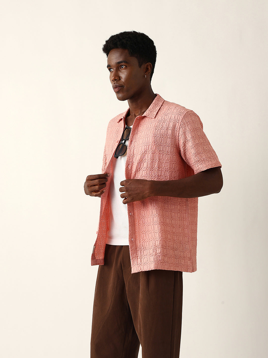 Men Pink Nylon Textured Shirt