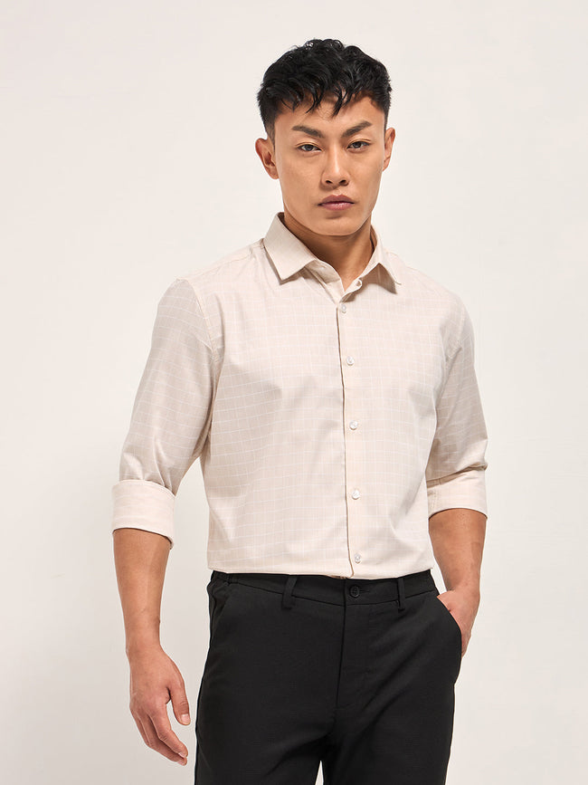 Men Peach Windowpane Checks Tailored Fit Formal Shirt