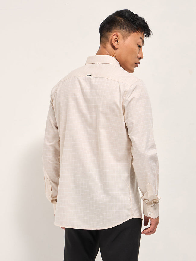 Men Peach Windowpane Checks Tailored Fit Formal Shirt