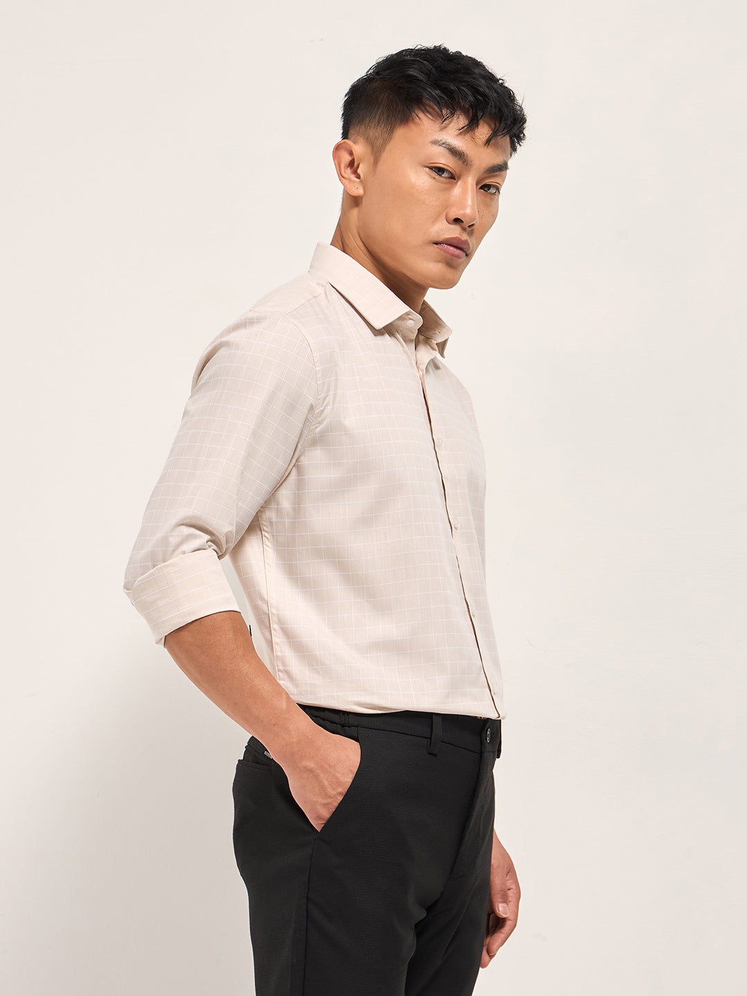 Men Peach Windowpane Checks Tailored Fit Formal Shirt