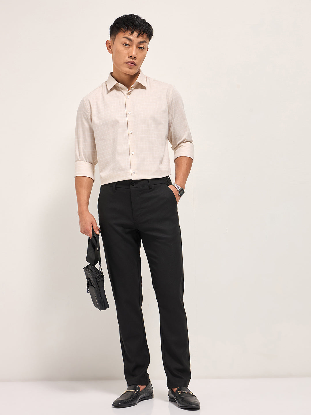 Men Peach Windowpane Checks Tailored Fit Formal Shirt