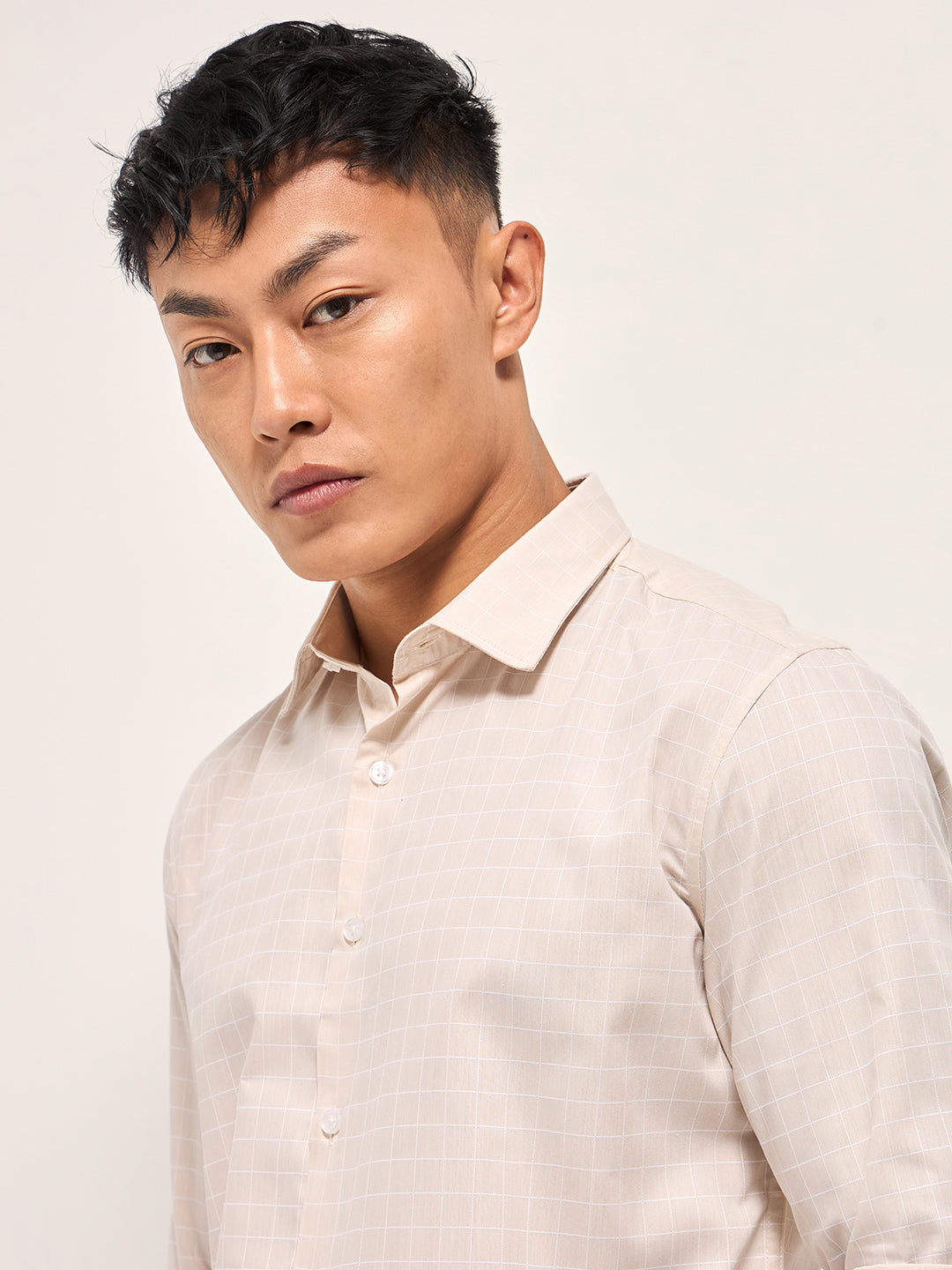 Men Peach Windowpane Checks Tailored Fit Formal Shirt
