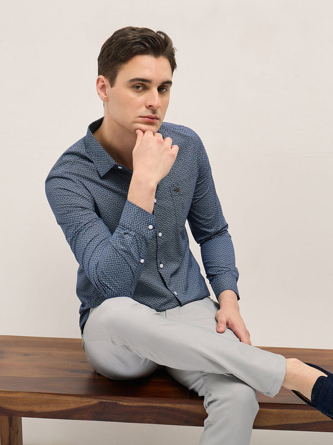Men Blue Geometric Printed Tailored Fit Formal Shirt
