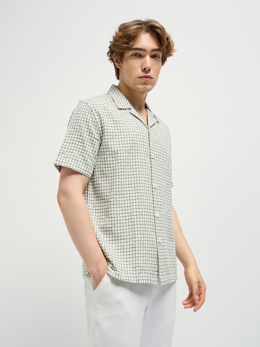 Men Green Graph Check Regular Fit Casual Shirt