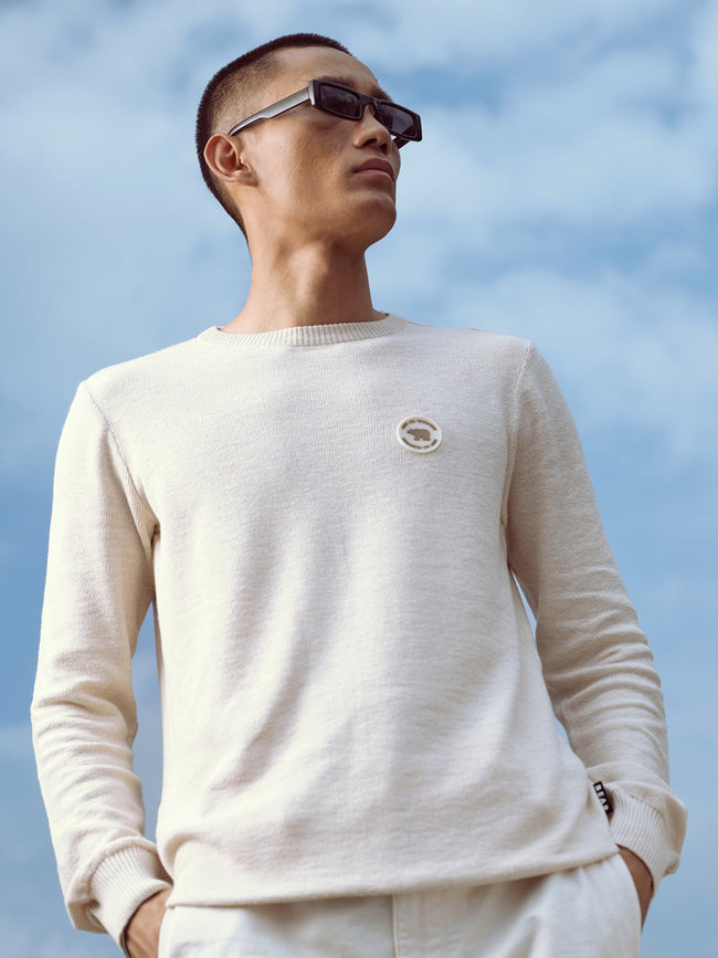 Men Ardor Edition Beige Self-Designed Slim Fit Knitted Pullover