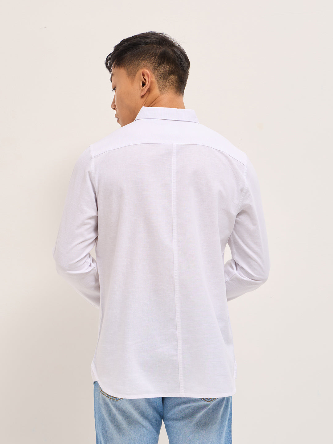 Men White Cotton Linen Slim Fit Solid Casual Shirt
