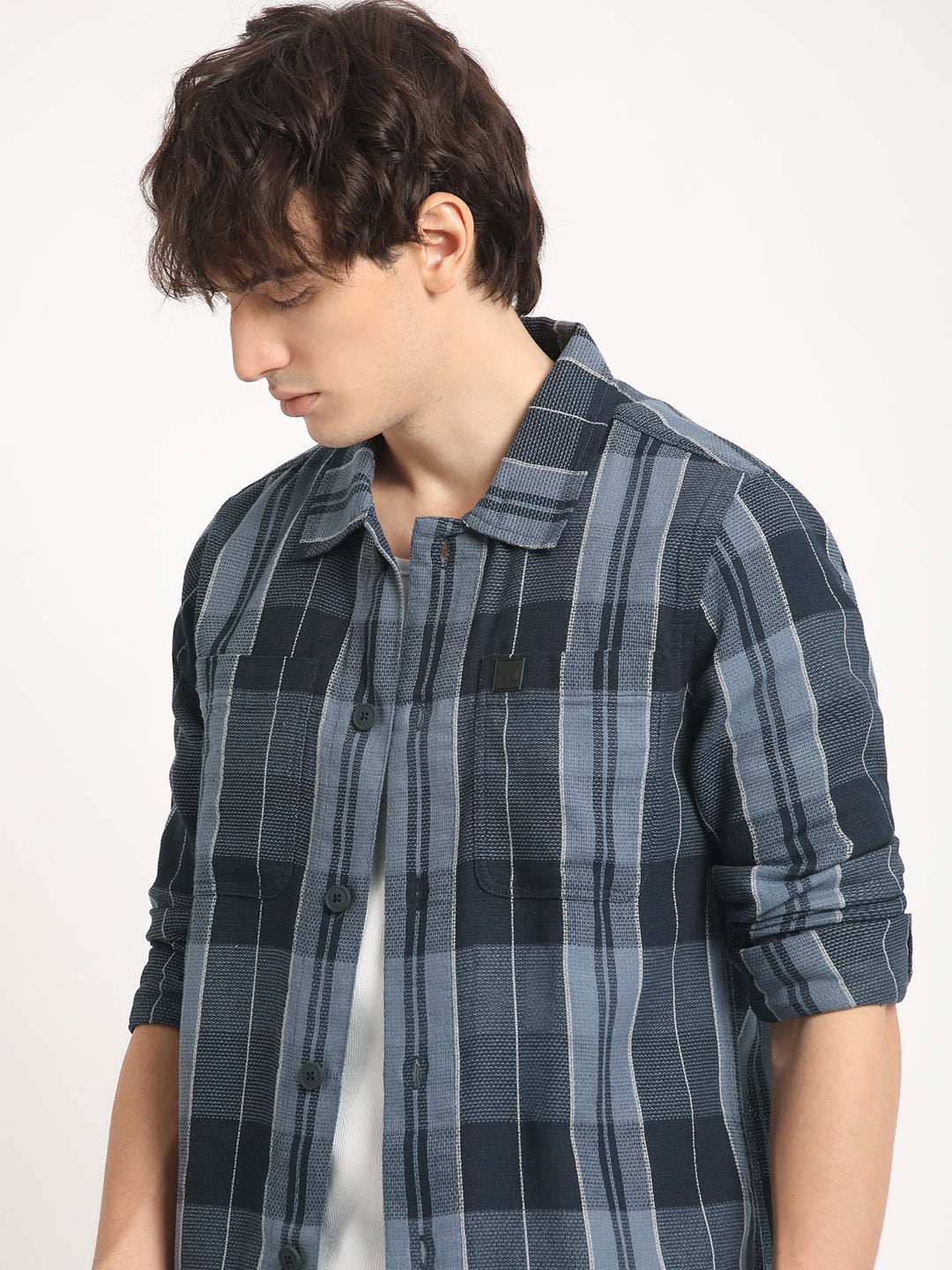 Men Blue Checked Regular Fit Overshirt