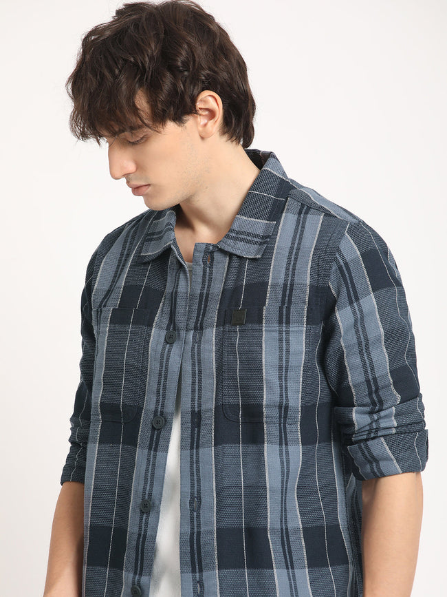 Men Blue Checked Regular Fit Overshirt