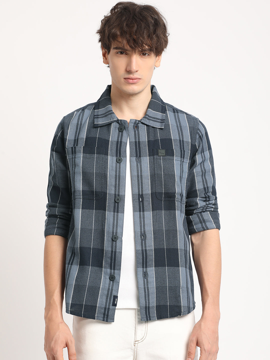 Men Blue Checked Regular Fit Overshirt