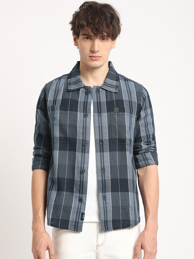 Men Blue Checked Regular Fit Overshirt