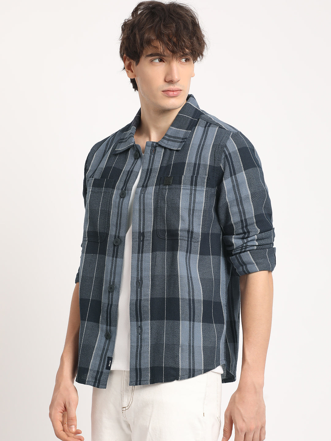 Men Blue Checked Regular Fit Overshirt