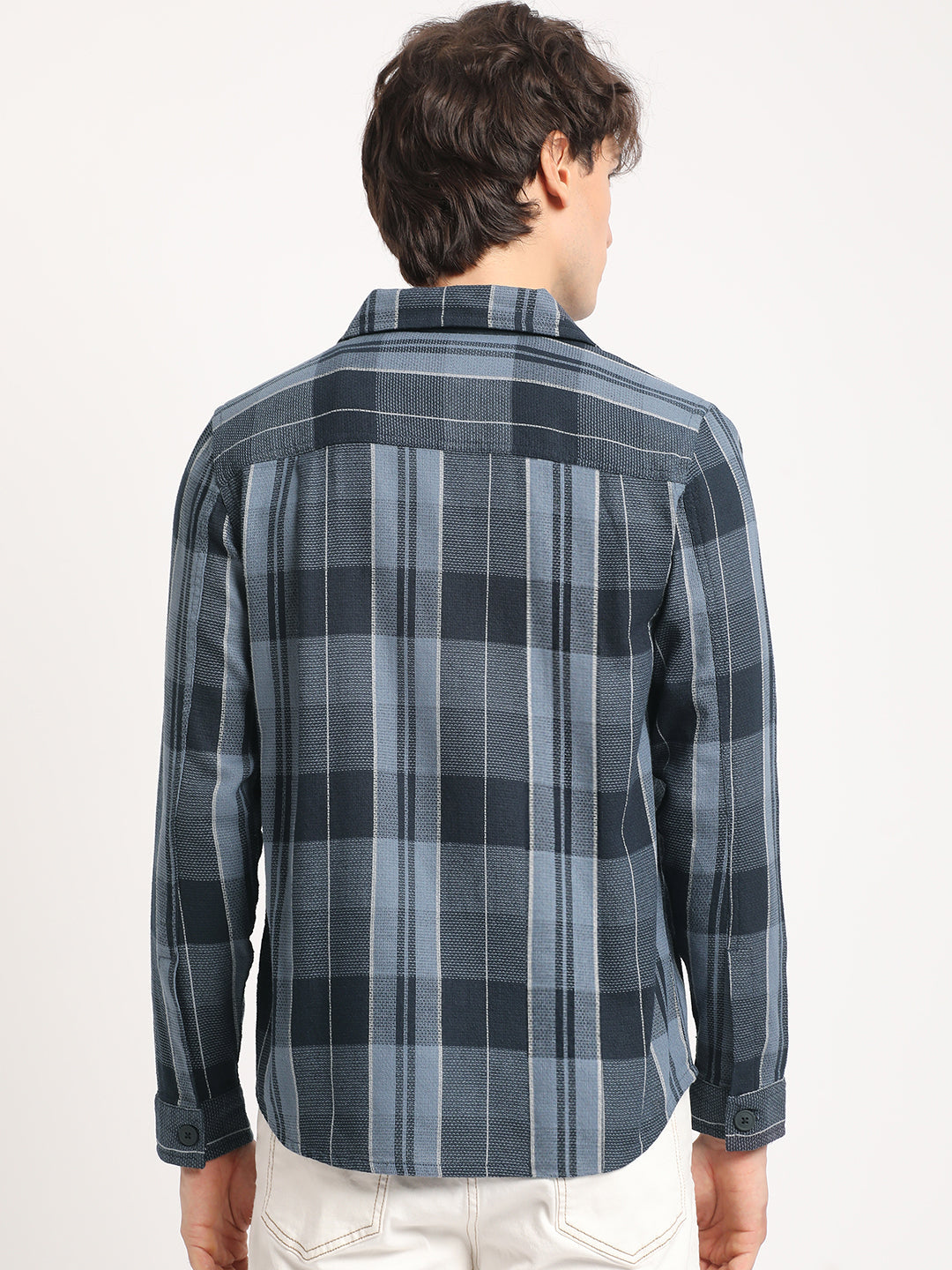 Men Blue Checked Regular Fit Overshirt