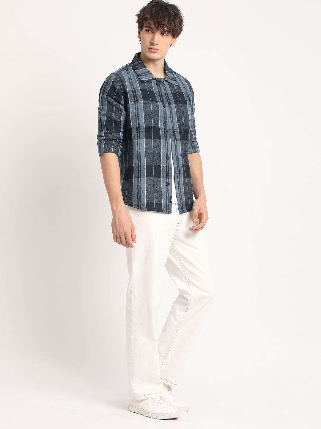 Men Blue Checked Regular Fit Overshirt