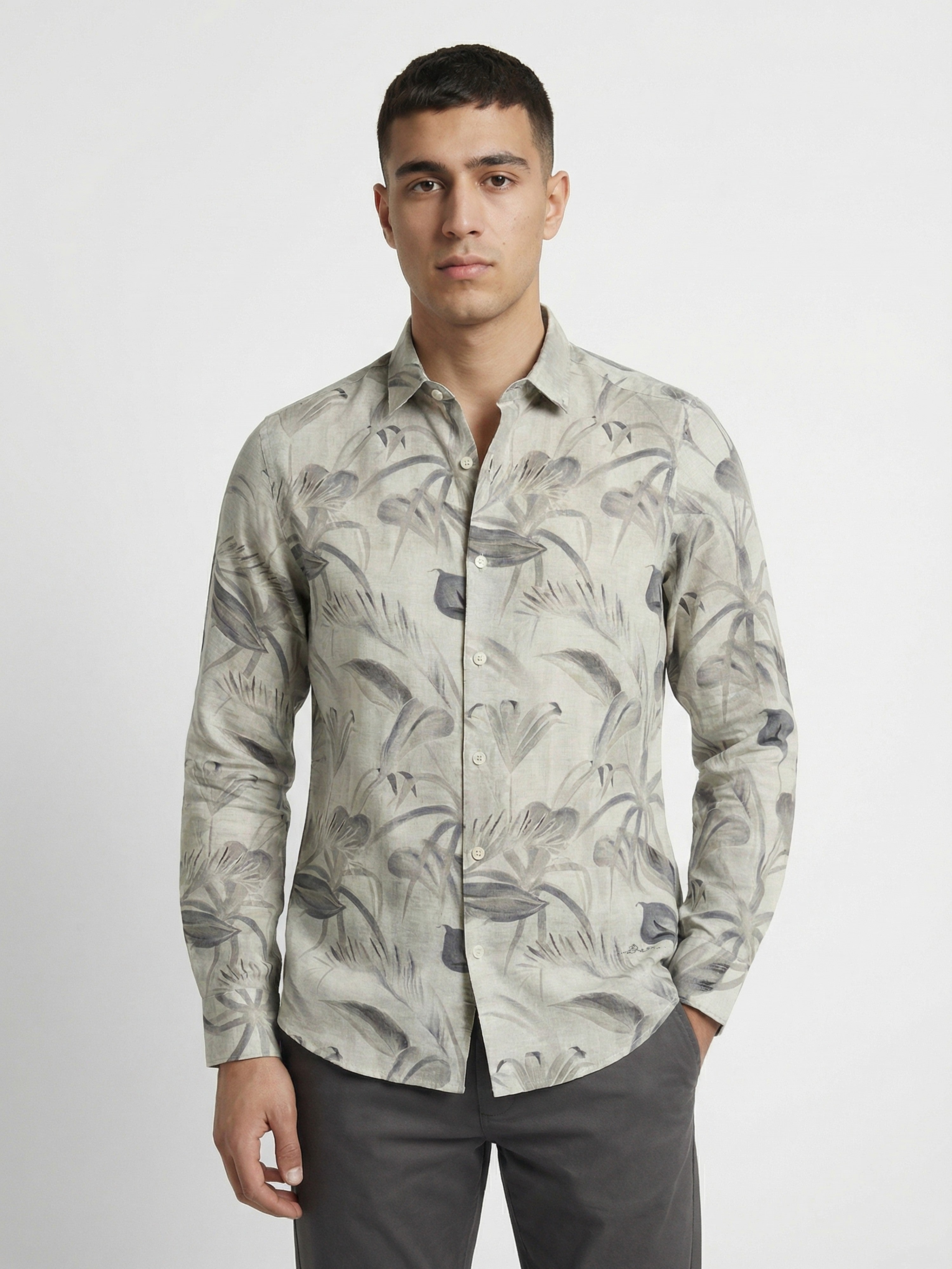 Men Beige Polyester Printed Shirt