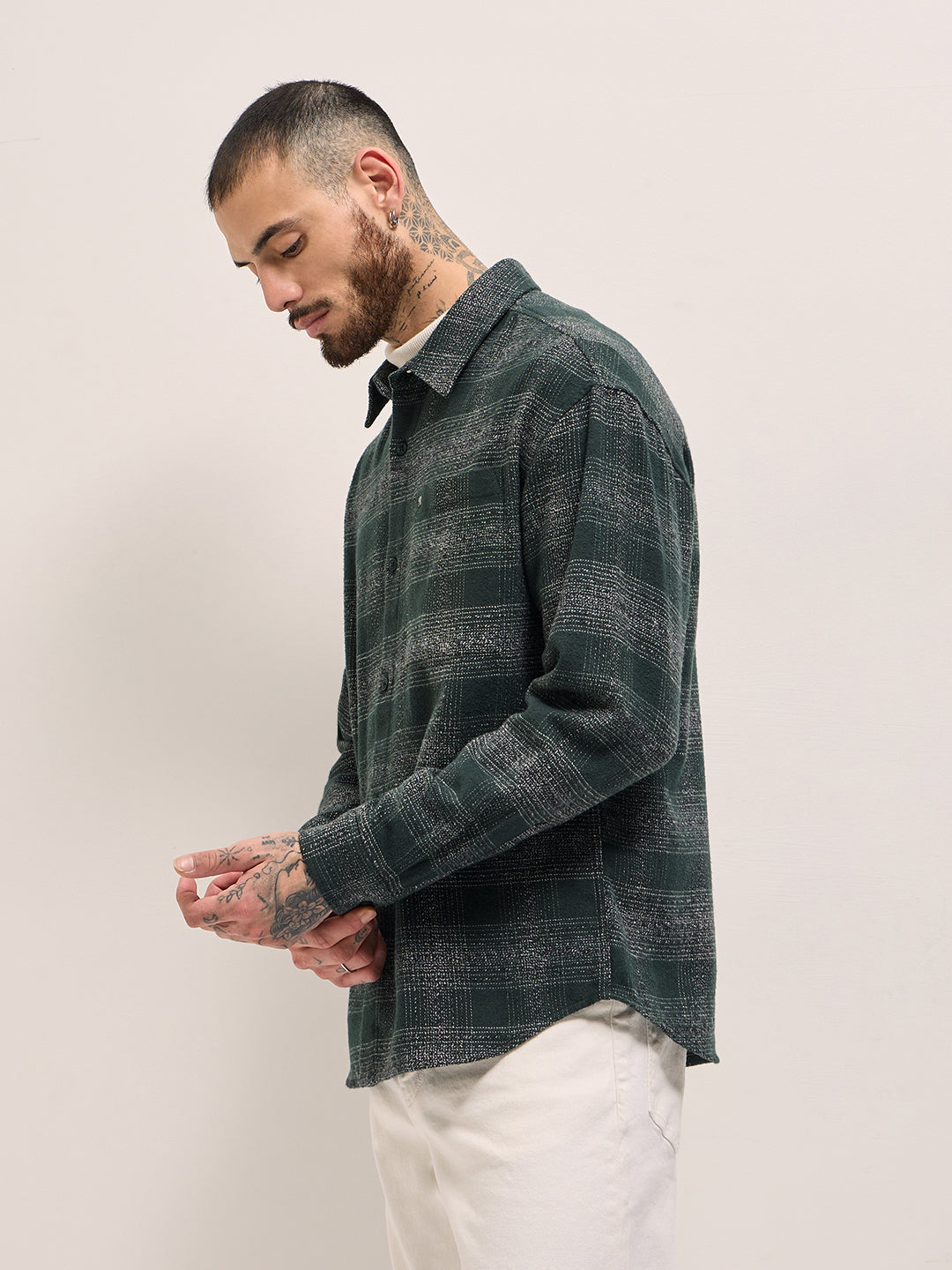 Men Green Checkered Relax Fit Flannel Overshirt