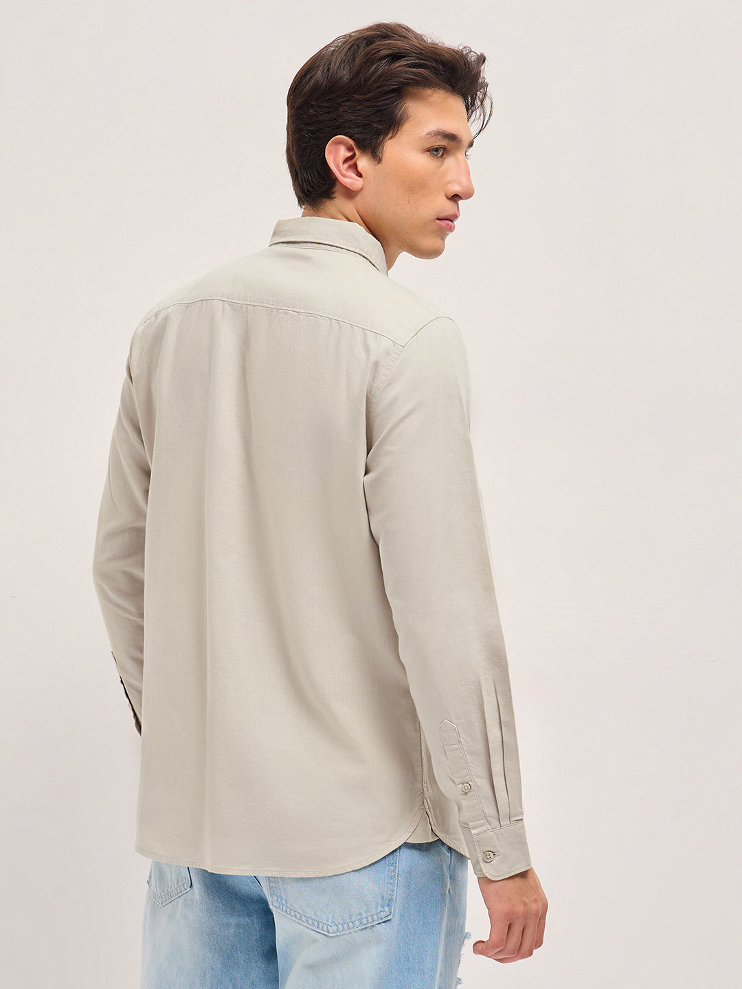 Men Beige Solid Slim Fit Casual Shirt