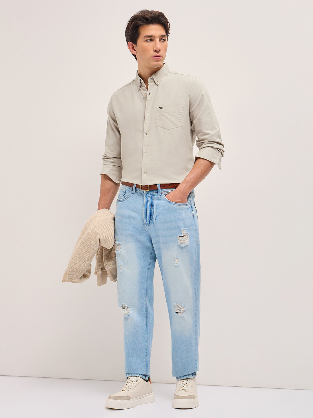 Men Beige Solid Slim Fit Casual Shirt