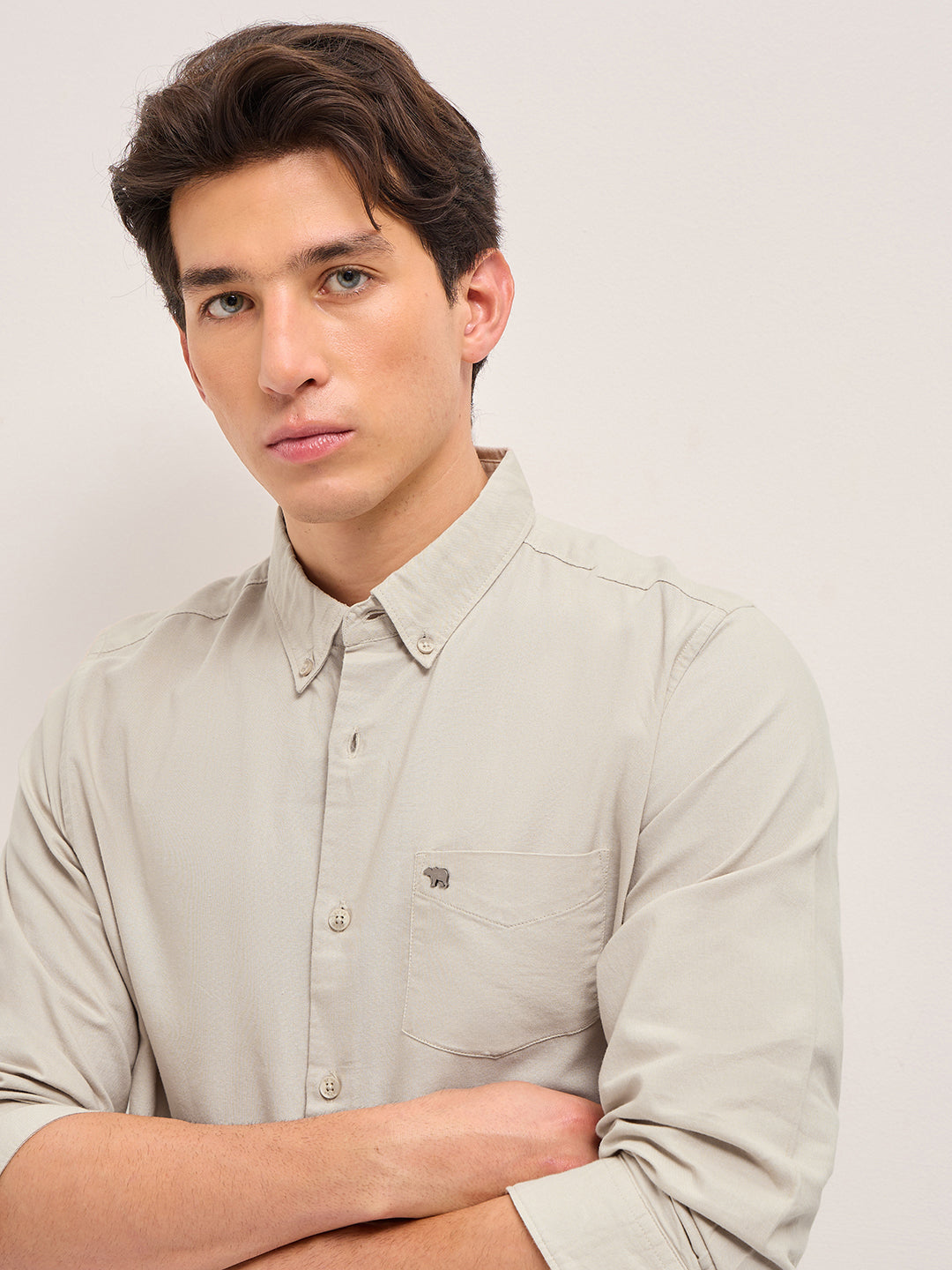 Men Beige Solid Slim Fit Casual Shirt