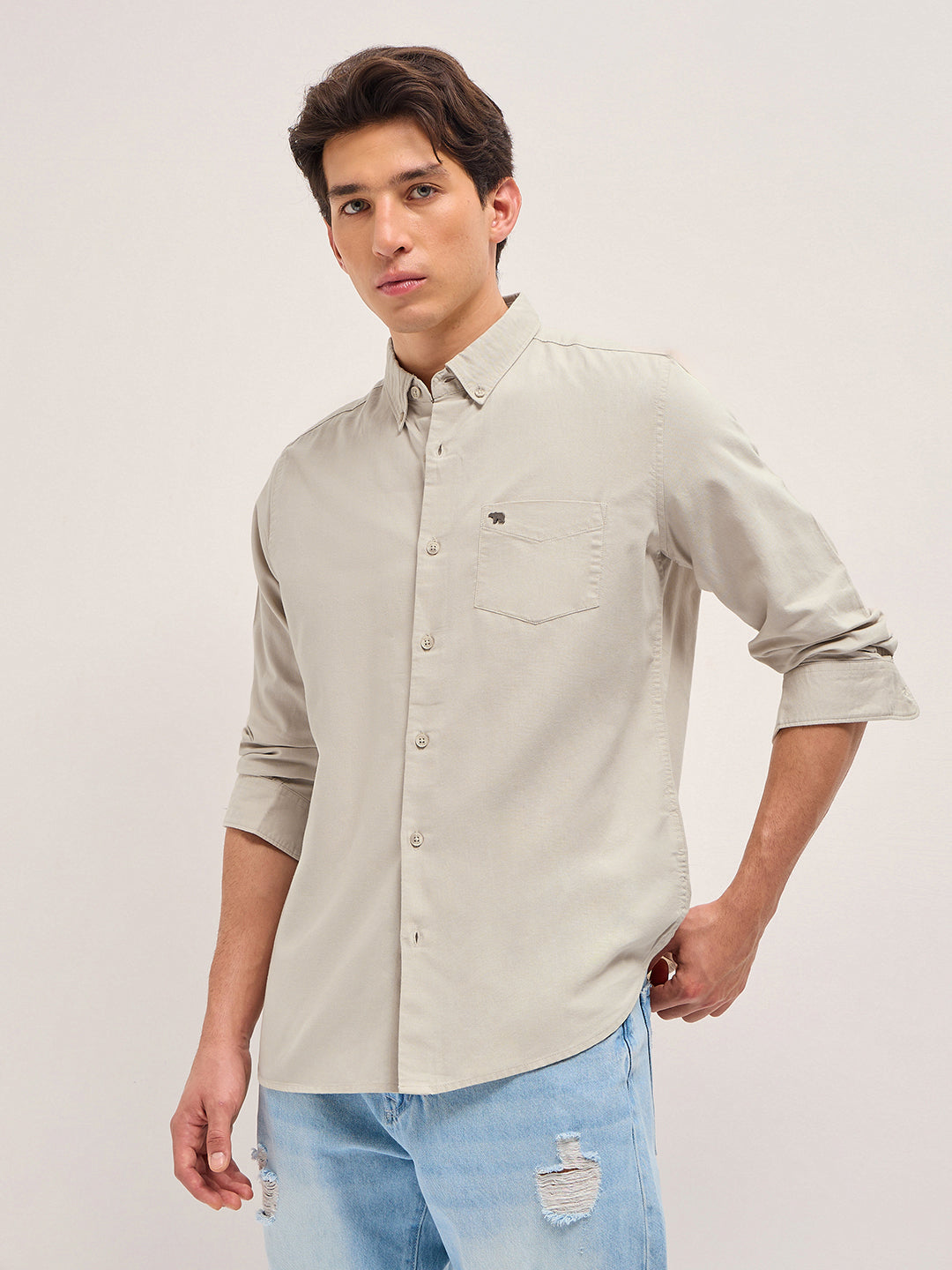 Men Beige Solid Slim Fit Casual Shirt