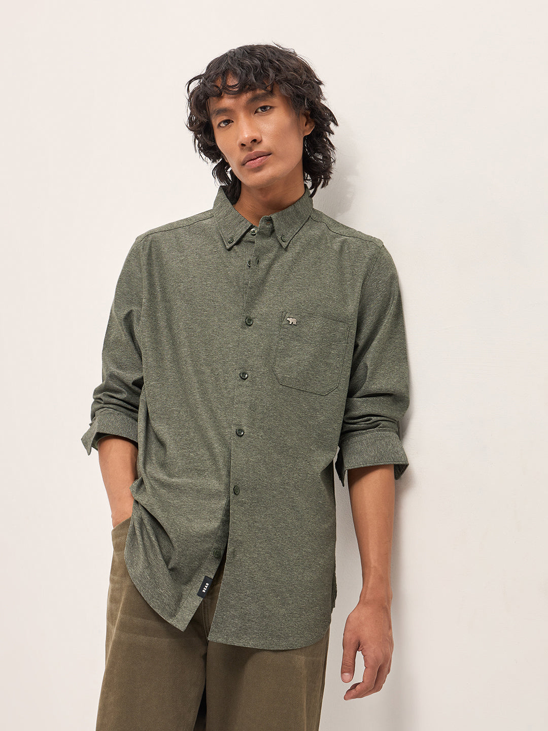 Men Green Cotton Solid Shirt
