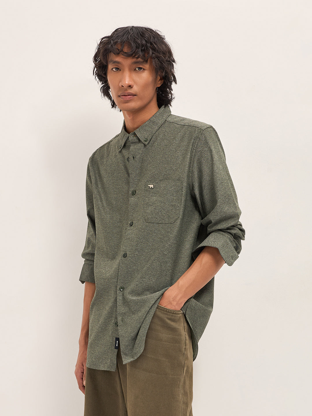 Men Green Cotton Solid Shirt